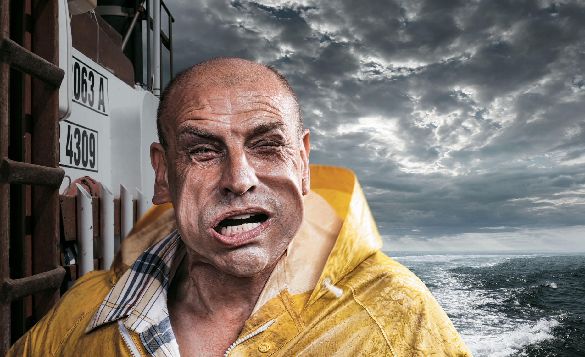 Portrait of a characterful fisherman facing strong winds in a storm. 