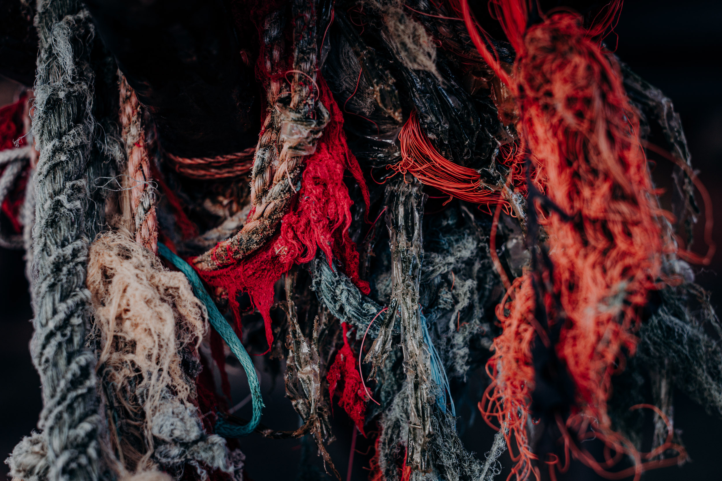 Bright red and orange rope and fishing gut abandoned by fishermen and left to pollute our oceans. 